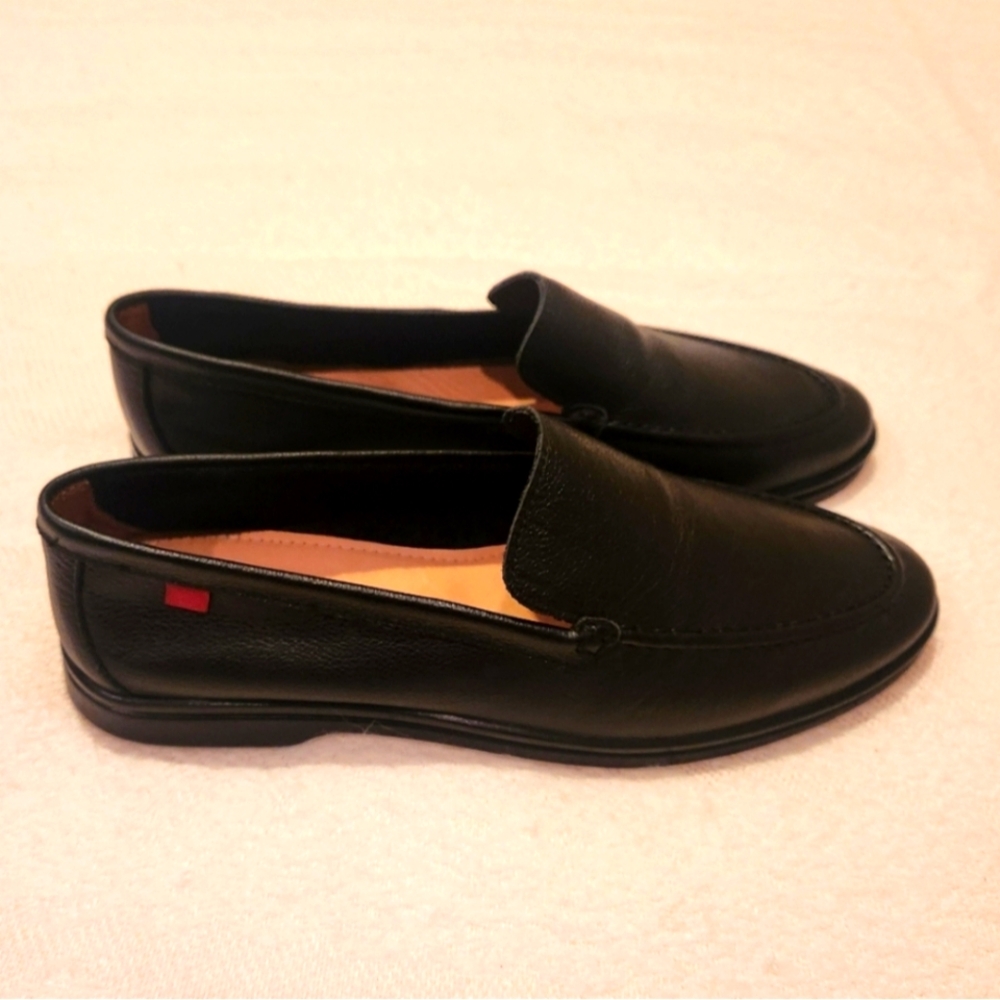 Marc Joseph Black Leather Slip-On Loafers with Red Accent